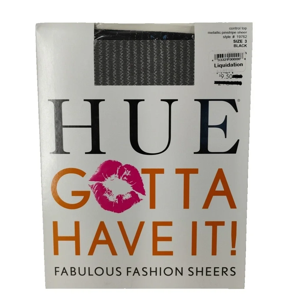HUE‎ Gotta Have It Black Metallic Pinstripe Sheer Control Top Tights Size 3